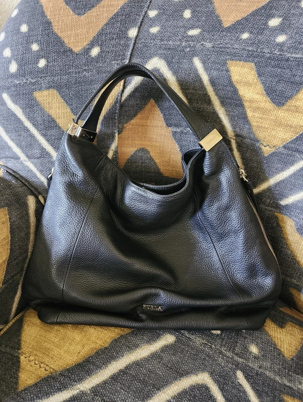 Furla Liz Daino Large Black Pebbled Leather Convertible Slouchy Hobo Bag Tote